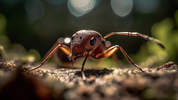 A red ant with black eyes sits on a piece of wood.