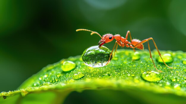 Photo a red ant with a drop of water on its nose