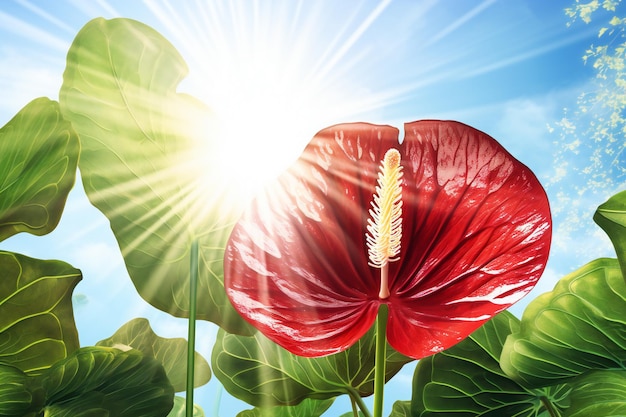 Red anthurium flower on a background of green leaves and sun