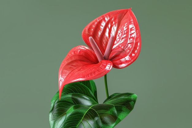 Photo red anthurium flower with glossy leaves against a green background