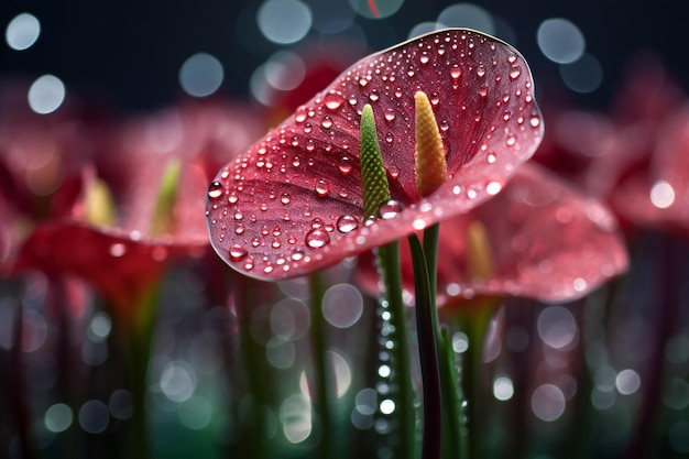 Red anthurium flowers with dew drops on bokeh background