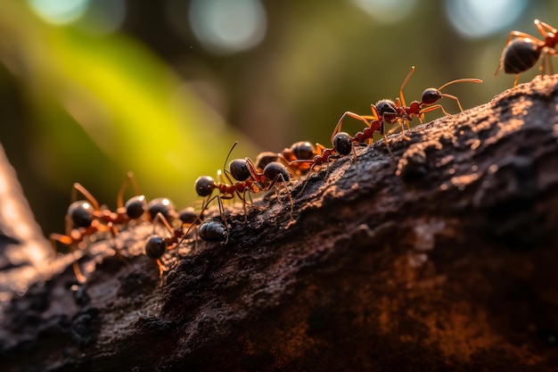 Red ants are looking for food on tree