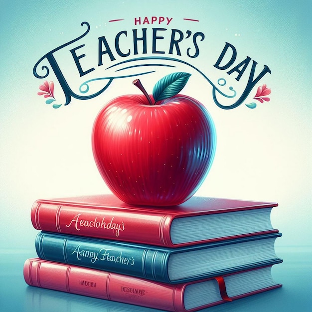 Photo a red apple atop a stack of hardcover books tribute to teachers day