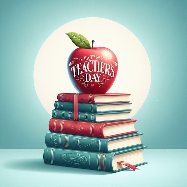 Photo a red apple atop a stack of hardcover books tribute to teachers day