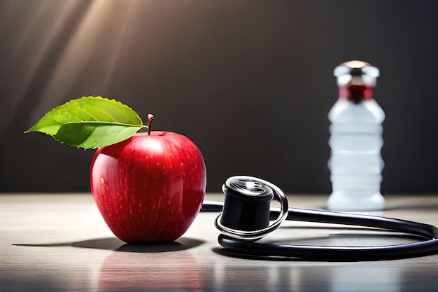 A red apple and a bottle of water on a table