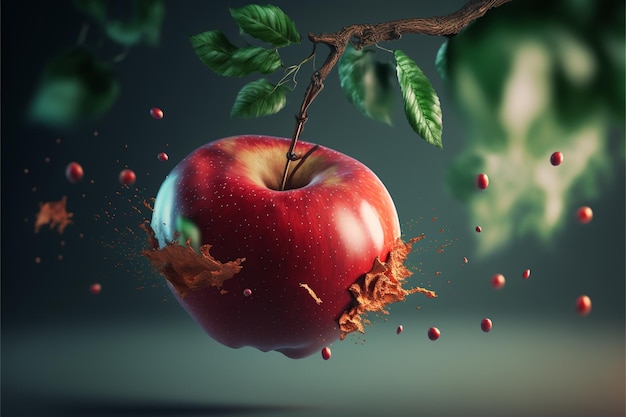 Red apple falling from branch