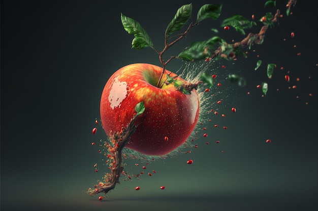 Red apple falling from branch