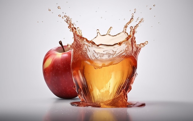 A red apple and a glass of juice are being poured into it