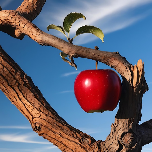 Photo a red apple hangs from a tree with a cloud in the background