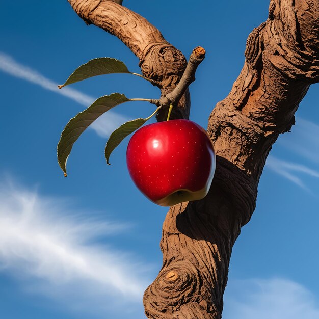 Photo a red apple hangs from a tree with a cloud in the background