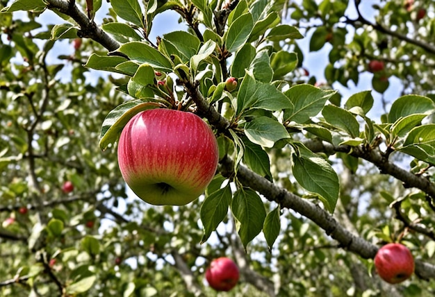 Photo a red apple hangs from a tree with a green leaf