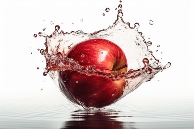 A red apple is being dropped into a water drop.