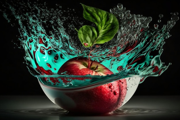 A red apple is being splashed in a bowl with water.