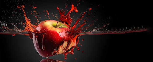 A red apple is being splashed with water.