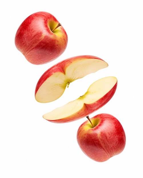 A red apple is cut in half and has the word apple on the bottom.