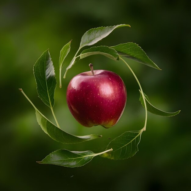 Photo a red apple is hanging from a green tree