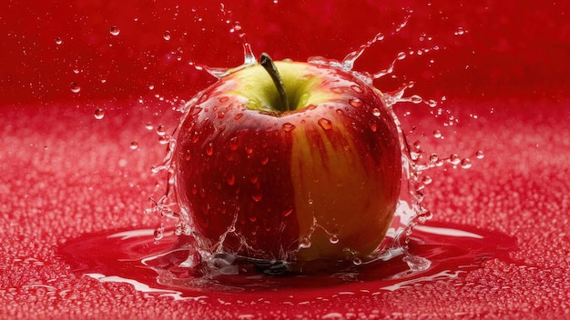 Photo a red apple is splashing water from a splash of water