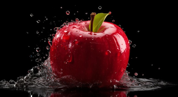 red apple is taken into the water with water splashing off