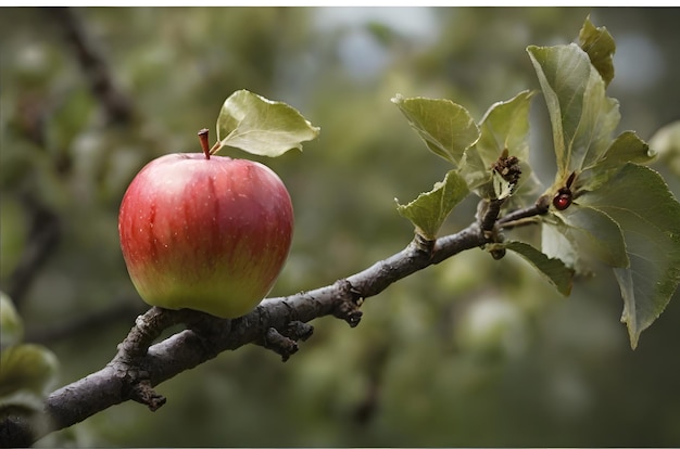 Photo a red apple is on a tree branch with a green leaf