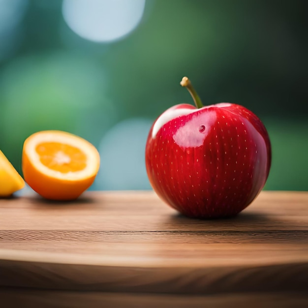 A red apple is on a wooden cutting board with a half of an orange.