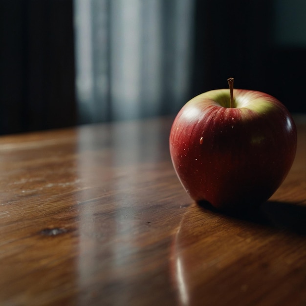 a red apple is on a wooden table with a shh adow behind it