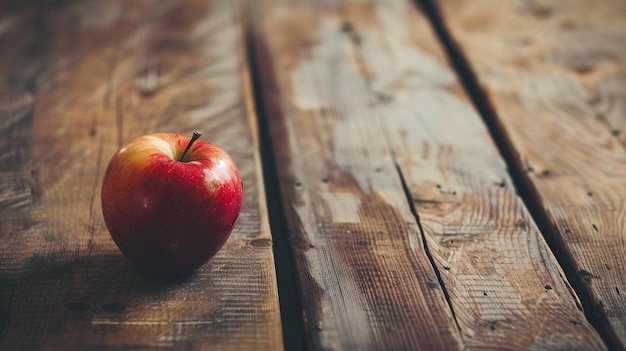 a red apple is on a wooden table with a wooden background