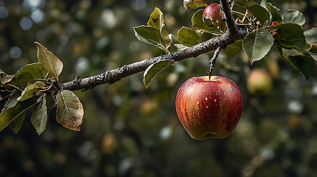 Photo red apple midfall from tree branch with blurred background and rustling leaves