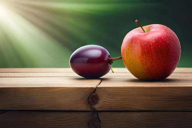 A red apple and a red apple on a wooden table