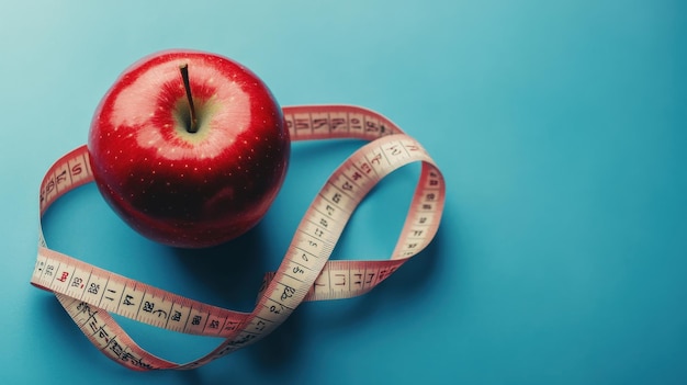 Photo a red apple resting on a blue background with a measuring tape wrapped around it in a symbolic representation of health and nutrition