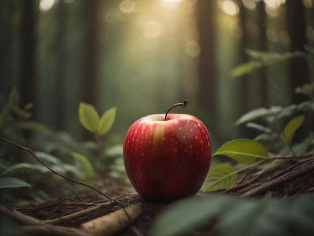 A red apple sits in the middle of a forest