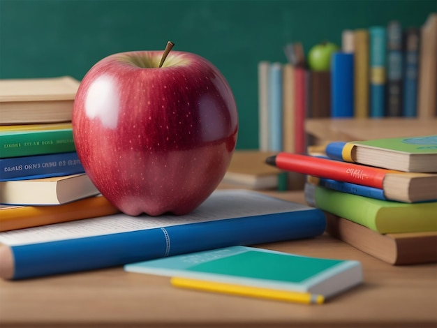 A red apple sits on a stack of books with books and pencils