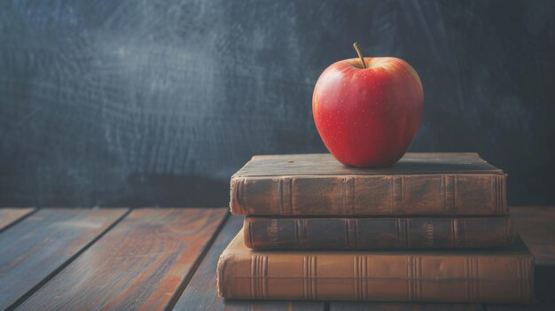 a red apple sits on top of a stack of books