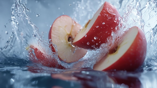 Photo red apple slices splashing in water