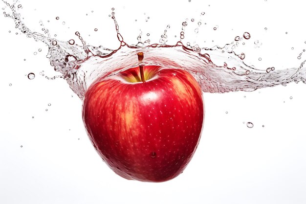 Red apple in splash of water isolated on white background