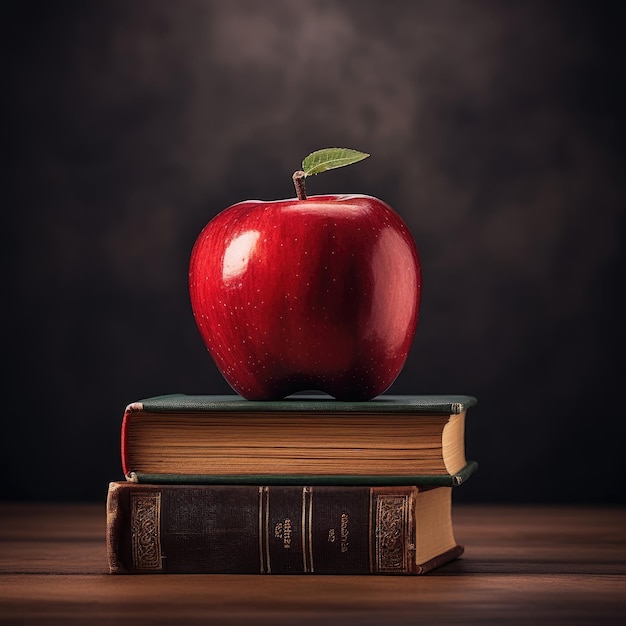 Red apple and stack of books dark background