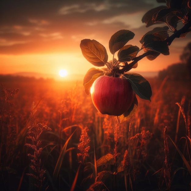 red apple on tree sunset in the field background