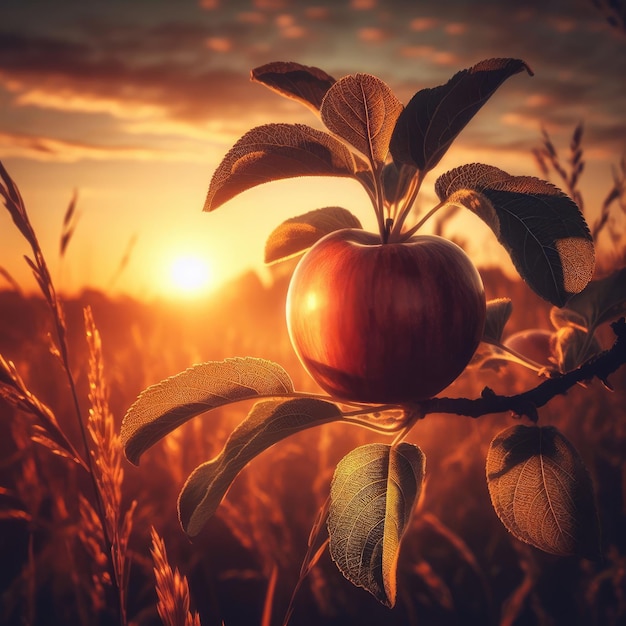 red apple on tree sunset in the field background