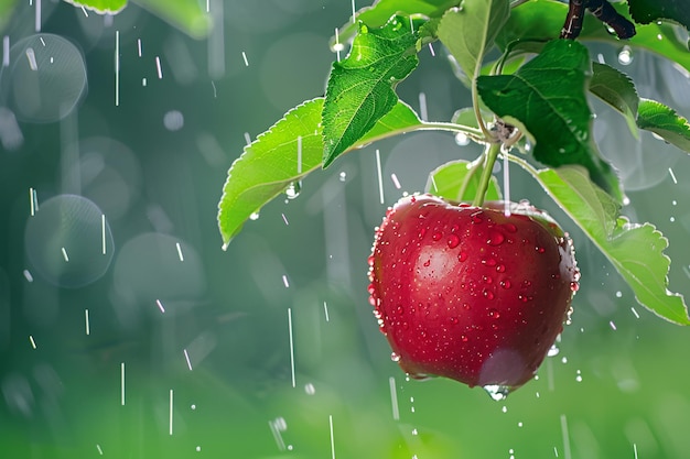 a red apple on a tree with water drops on it