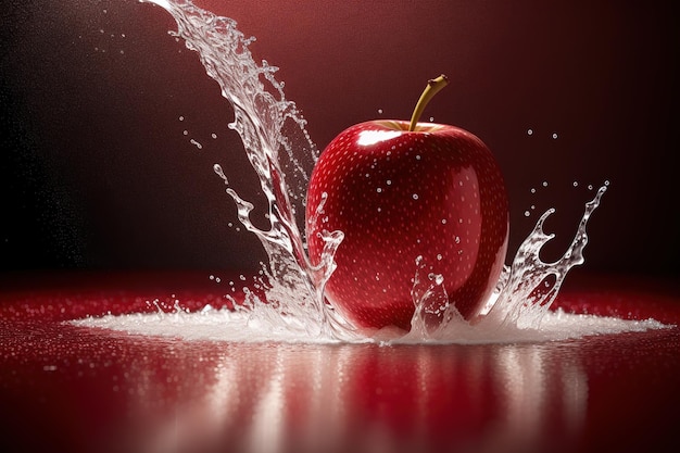 Red apple in water with a splash of water