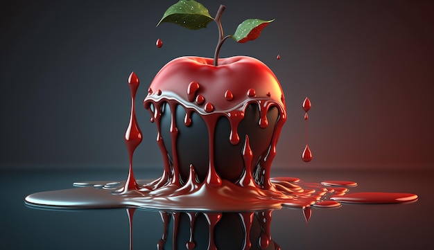 A red apple with dripping chocolate on the surface