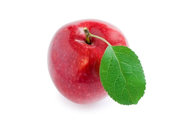 Red apple with green leaf isolated on white