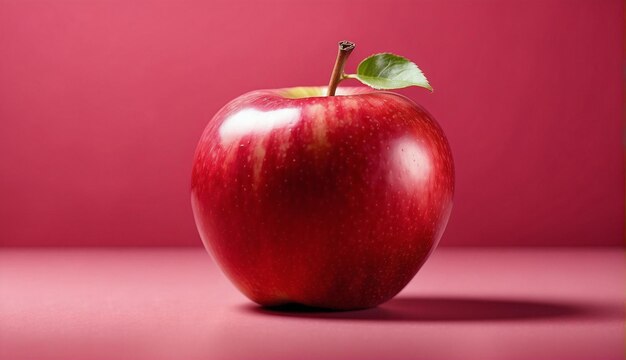 a red apple with a green leaf on it is on a red background