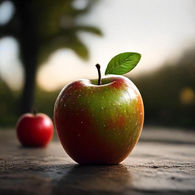 a red apple with a green leaf on it and a red apple on the left