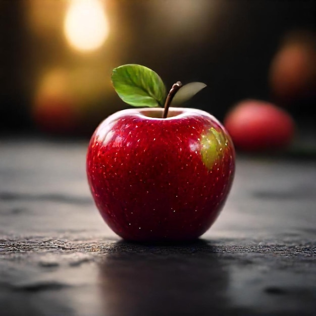 a red apple with a green leaf on it sits on a black surface