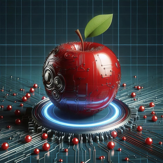 a red apple with a green leaf on it sits on a blue and white background AI Generated