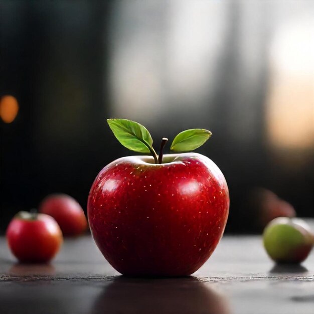 a red apple with a green leaf on it sits on a table