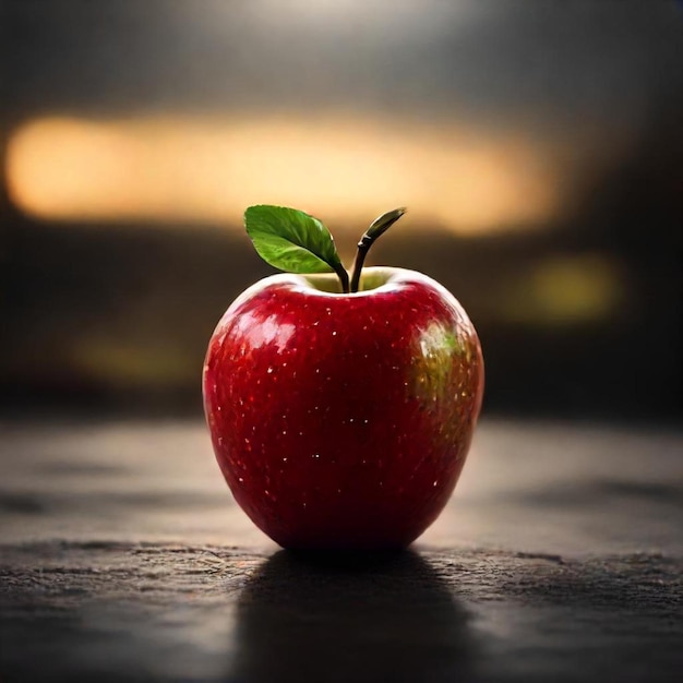 a red apple with a green leaf on it sits on a table