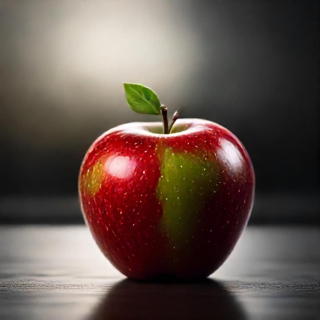 a red apple with a green leaf on it sits on a table