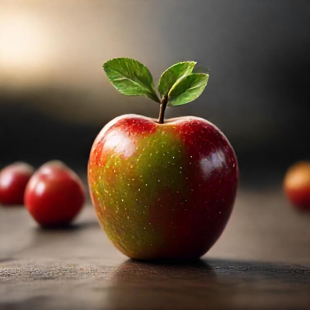 a red apple with a green leaf on it and some other fruits on the table