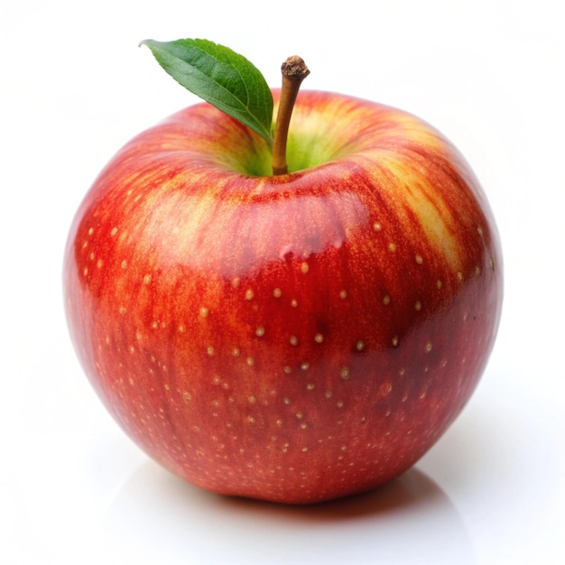 a red apple with a green leaf on it